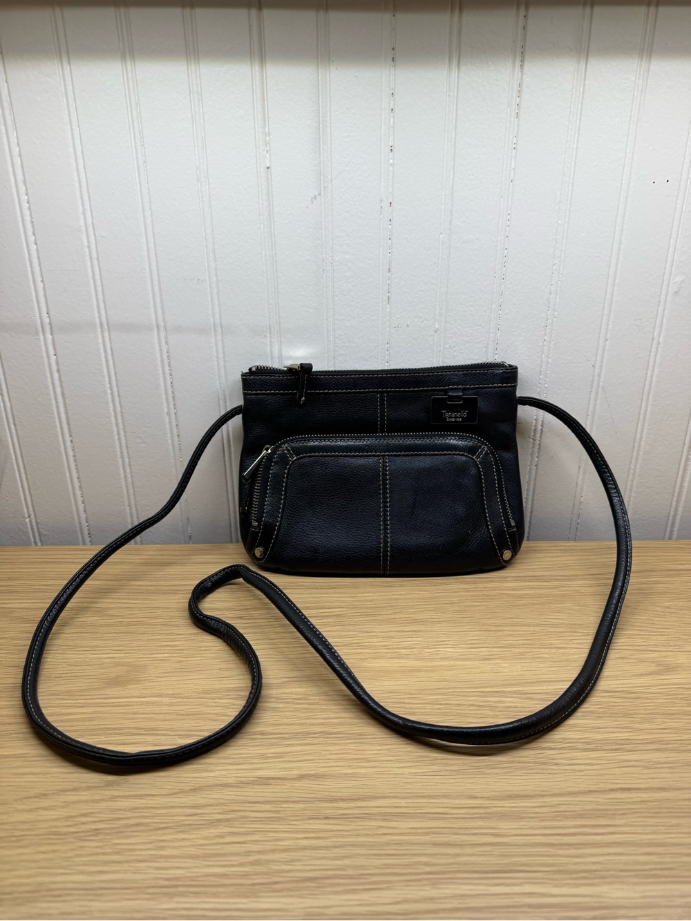 Tignanello Black Leather Crossbody with Front Zip Pocket